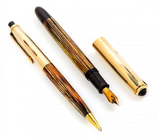 A Pelikan Double L+ Fountain Pen and Pencil Set Length of each 5 1/8 inches.