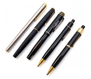 A Collection of Five Montblanc Writing Instruments Length of longest 5 1/2 inches.