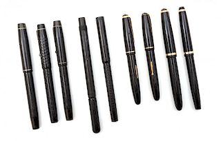 A Collection of Nine Onoto Fountain Pens Length of longest 5 3/4 inches.