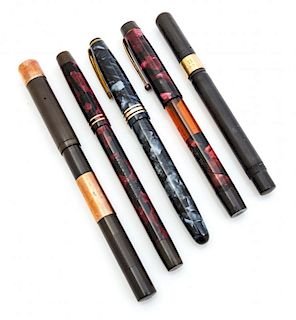 A Collection of Five Onoto Fountain Pens Length of longest 5 1/2 inches.