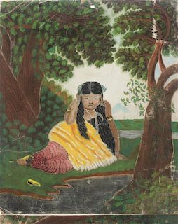 Attributed to Priscilla Appleyard Wells, (American, 19th Century), Untitled, (Indian Girl by Stream) circa 1840