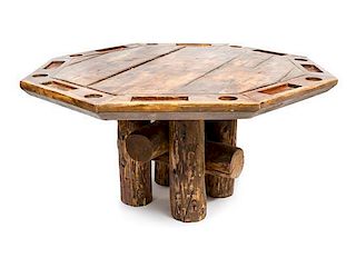 A Rustic Log Poker Table Height 30 x diameter 60 inches.