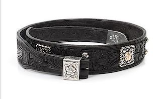 Edward H. Bohlin, Hollywood, CA Silver, Yellow Gold and Tooled Black Leather Belt With Tip and Keeper