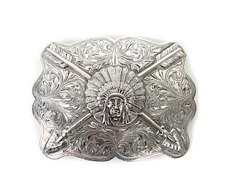 Edward H. Bohlin, Hollywood, CA Sterling Silver Indian Chief Trophy Belt Buckle Height 3 x width 4 inches.