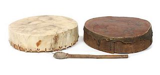 Two Southwestern Style Leather Drums Diameter of drum: 11 1/4 inches.