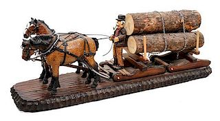 A Carved Wood Sculpture Depicting Draft Horses Pulling a Logging Sled and Driver. Height 11 1/2 x width 8 x depth 34 inches.