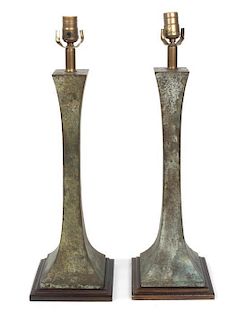A Pair of Patinated Metal Table Lamps Height 24 inches.