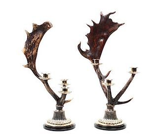 A Pair of English Horn Three Light Candelabra Height 23 1/2 inches.
