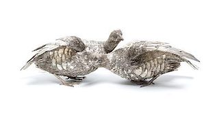 A Pair of Italian Silver Figural Birds, Nava & Nancini Largest height 6 x width 8 x length 12 inches.