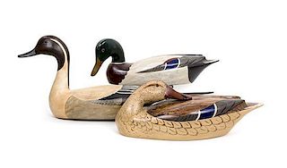 Three Painted Decoys, Chas. A. Moore Height of largest 9 x width 22 1/2 inches.