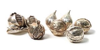 Seven Silver Figural Fruit and Nuts, Alessandro Magrino Longest 3 1/4 inches.