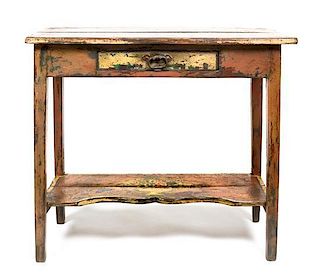 A French Painted Single Drawer Table Height 31 1/2 x width 36 1/4 x depth 17 inches.