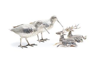 Two Pairs of Silver Bird Figurines Largest height 4 1/4 x width 2 1/3 x depth 6 1/4 inches.