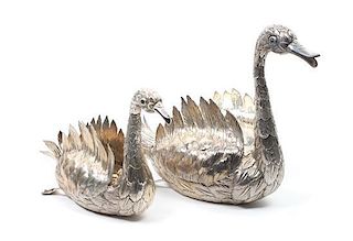Two Continental Silver Swan Figurines Largest height 10 x width 4 1/2 x depth 11 1/2 inches.