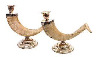 A Pair of Horn and Silver Plate Candlesticks Height 10 1/2 inches.