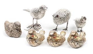 Seven Assorted Silver and Silver Plated Bird Figurines Largest height 3 x width 2 x depth 5 inches.