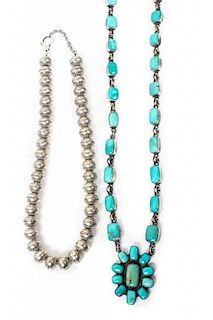 A Navajo Silver and Turquoise Necklace with Cluster Pendant Length 38 inches; pendant 2 inches.