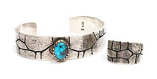 A Navajo Silver, Turquoise and 14 Karat Cuff and Matching Ring, Kee Yazzie (b. 1969) Length of cuff 6 x opening 1 x width 5/8
