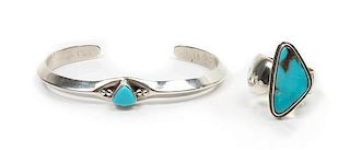 A Navajo Silver and Turquoise Cuff and Similar Ring, Russell Sam First length 7 plus opening 1 1/4 x width 3/8 inches.