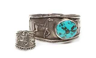 A Kewa Tufa Cast Silver and Turquoise Cuff and Matching Ring, Anthony Lovato (b. 1958) Length of cuff 7 x opening 1 x width 1
