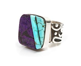 A Southwestern Style Silver, Sugilite and Turquoise Ring, Consuelo Campos Mosaic 7/8 x 7/8 inches.