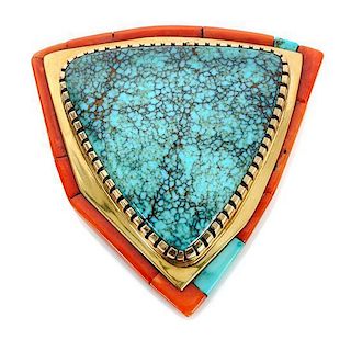 A Hopi 18 Karat Gold, Turquoise and Coral Pendant, Charles Loloma Height 2 3/8 inches.