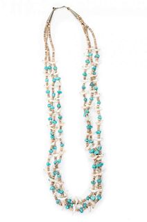 A Three Strand Shell, Turquoise and Heishi Necklace Length 28 inches.