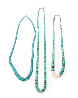 Three Graduated Turquoise Disc Necklaces Length of first 21 inches.