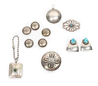 Nine Southwestern Jewelry Items Diameter of largest pin 1 3/4 inches.