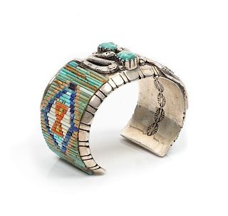 A Southwestern Style Silver, Multi-Color Stone and Shell Mosaic and Turquoise Cuff with Snake Motif, attributed to David R. F