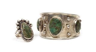 A Southwestern Style Silver and Turquoise Cuff and Similar Ring Length of cuff 7 x 1 1/8 opening x width 1 5/8 inches.