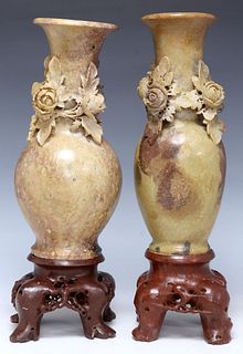 (2) CHINESE CARVED SOAPSTONE BALUSTER VASES WITH PEDESTALS