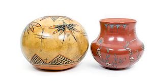 A Santo Domingo Style Painted Gourd First height 9 x diameter 10 1/2 inches.