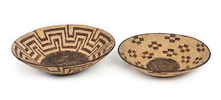 Two Pima Basket Bowls Height 4 x diameter 14 3/4 inches.