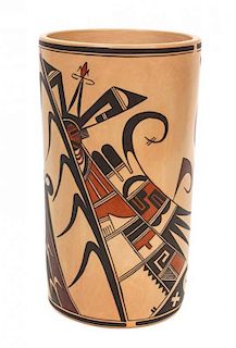 Jean Sahmie Nampeyo "Sak'Honsee" (Hopi, 20th Century) Pottery Cylinder Height 9 1/2 inches.