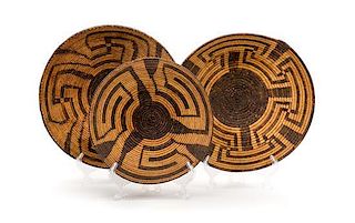 Three Pima Basketry Bowls Diameter of largest 14 inches.