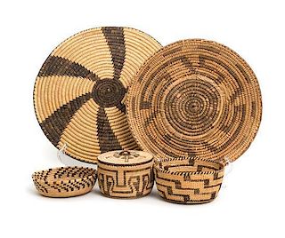 Five Pima Baskets Diameter of largest 11 3/4 inches.