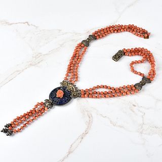 Red Coral, Lapis and Silver Necklace