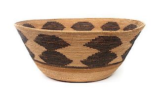 A Mission Indian Basket Bowl Height 8 x diameter 19 5/8 inches.