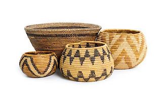 Four California Mission Baskets Height of largest 4 3/4 x diameter 9 inches.