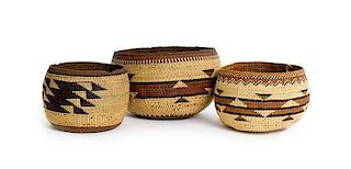 Three Finely Woven Hupa Baskets Height of largest 3 1/2 x diameter 5 1/4 inches.