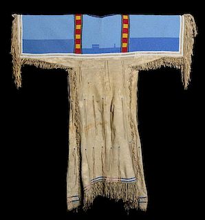 A Shoshone Beaded Hide Dress Length 55 x width 48 inches.
