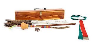 A Kiowa Peyote Box and Contents Length of box 17 3/8 inches.