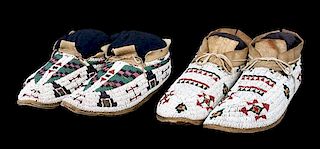 Two Pairs of Fully Beaded Northern Plains Moccasins Length of longest: 11 inches