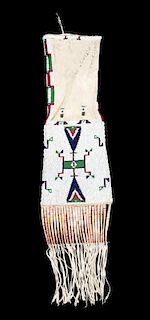 A Sioux Beaded and Quilled Pipe Bag Length overall 29 1/2 x width 8 inches.