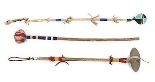Three Beaded, Stone and Wood Clubs Length of larger 28 inches.