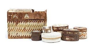 Seven Micmac Quilled Trinket Boxes. Height of largest 19 x length 10 1/2 x depth 7 3/4 inches.