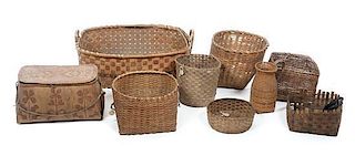 Nine East Coast Native Baskets Height of largest 10 1/2 x length 27 x depth 18 1/2 inches.
