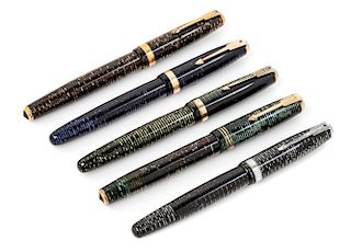 A Group of Five Vintage Parker Vacumatic Fountain Pens Length of longest 5 1/8 inches.