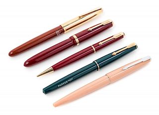 A Collection of Five Parker Writing Instruments Length of longest 5 1/2 inches.